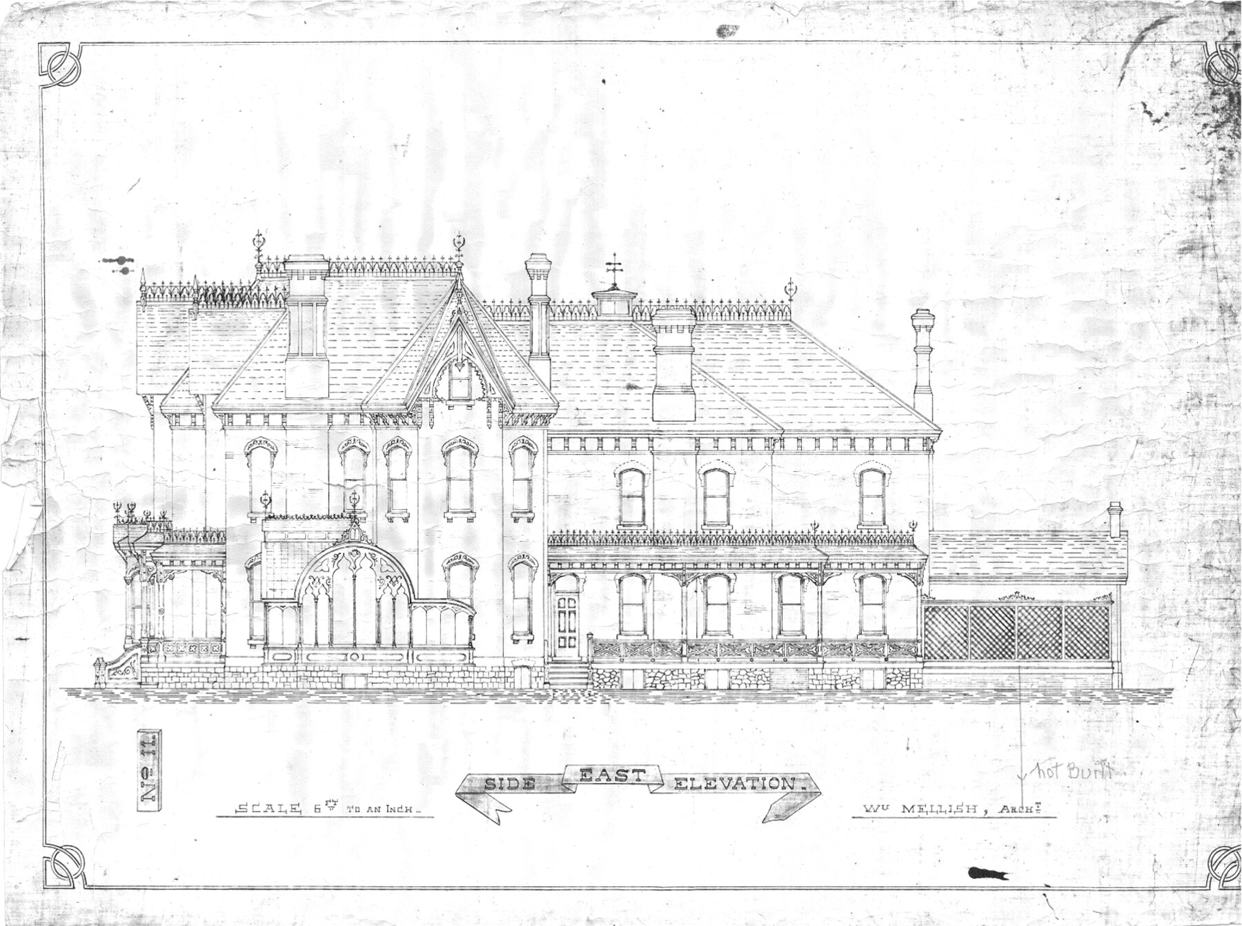 Original architect's drawing: side east elevation of The Gore by William Mellish, circa 1884, showing the conservatory wing
