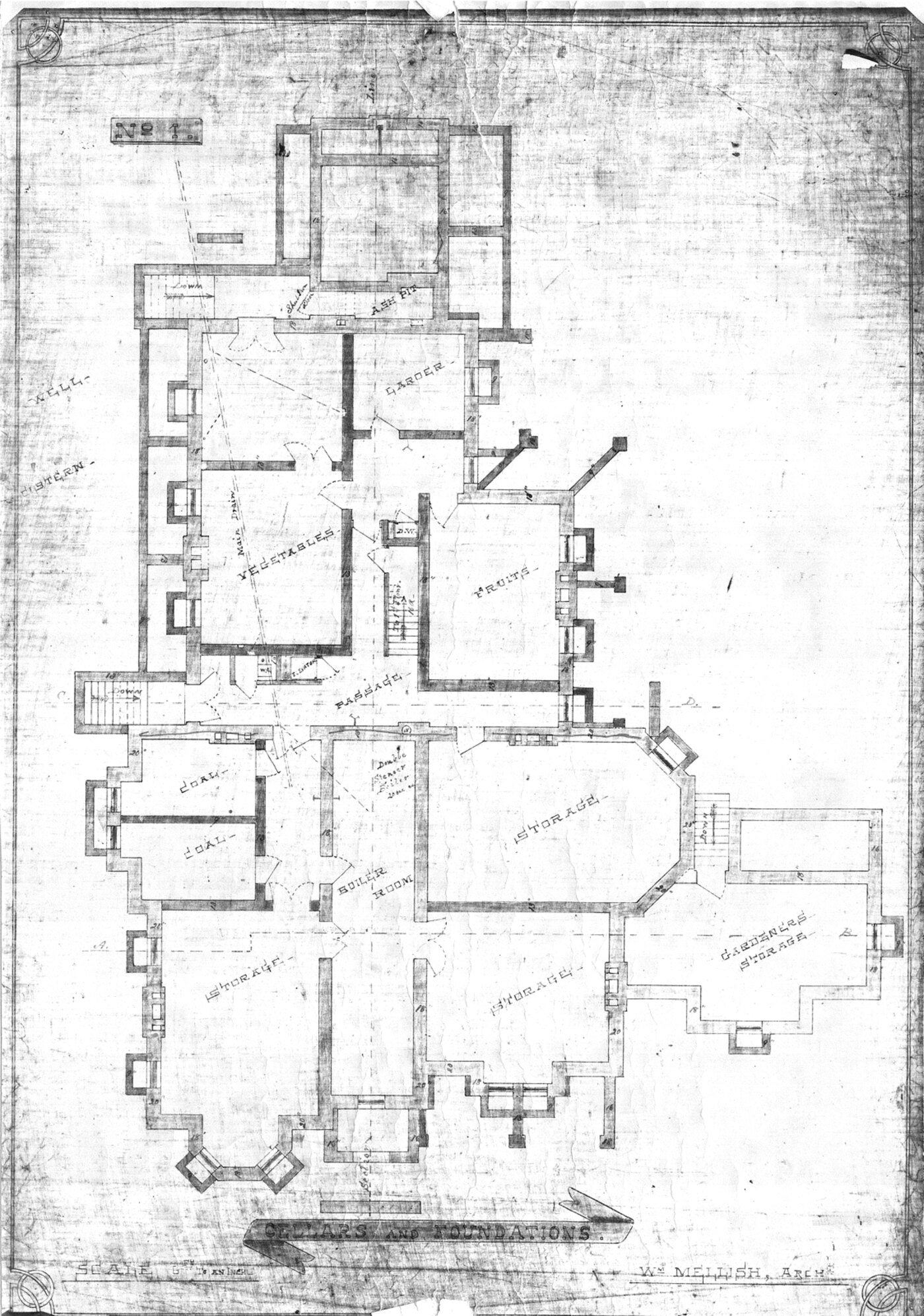 Original architect's drawing: cellars and foundations plan of The Gore by William Mellish, circa 1884